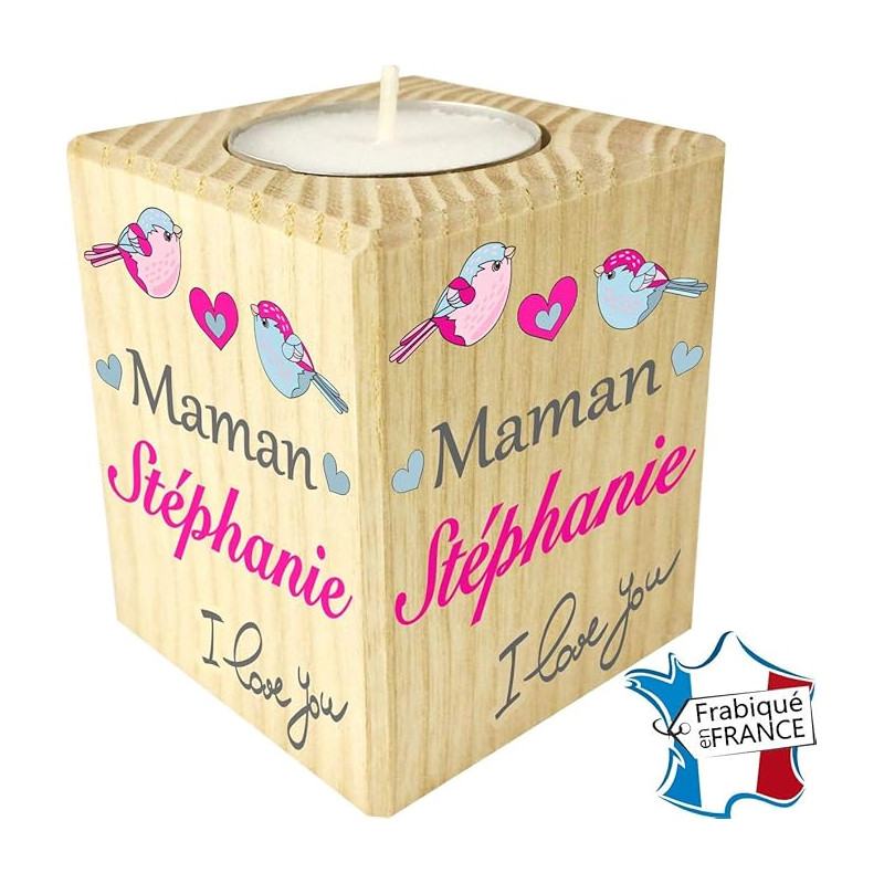 Bougie personnalisée pour Maman – Porte Bougie en Bois personnalisé avec Le prénom de Maman – Cadeau Noël, Anniversaire, fête