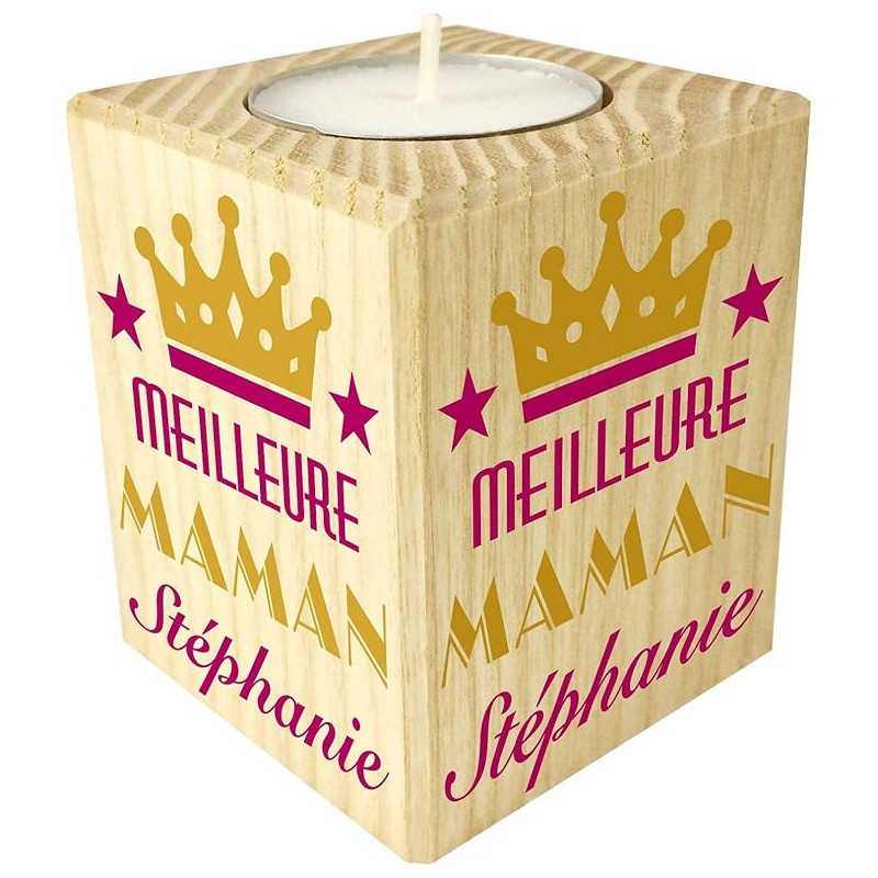 Bougie personnalisée pour Maman – Porte Bougie en Bois personnalisé avec Le prénom de Maman – Cadeau Noël, Anniversaire, fête