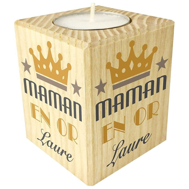 Bougie personnalisée pour Maman – Porte Bougie en Bois personnalisé avec Le prénom de Maman – Cadeau Noël, Anniversaire, fête
