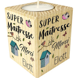 Bougie personnalisée Super Maîtresse – Porte Bougie en Bois – Cadeau de Fin d'année Scolaire pour remercier l'institutrice