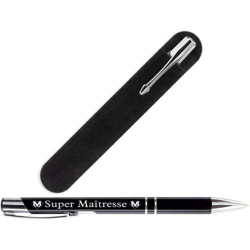 Gravure Events Stylo gravé pour la Maîtresse de votre enfant + Pochette Velours - Cadeau Maîtresse d'école (Super Maîtresse)