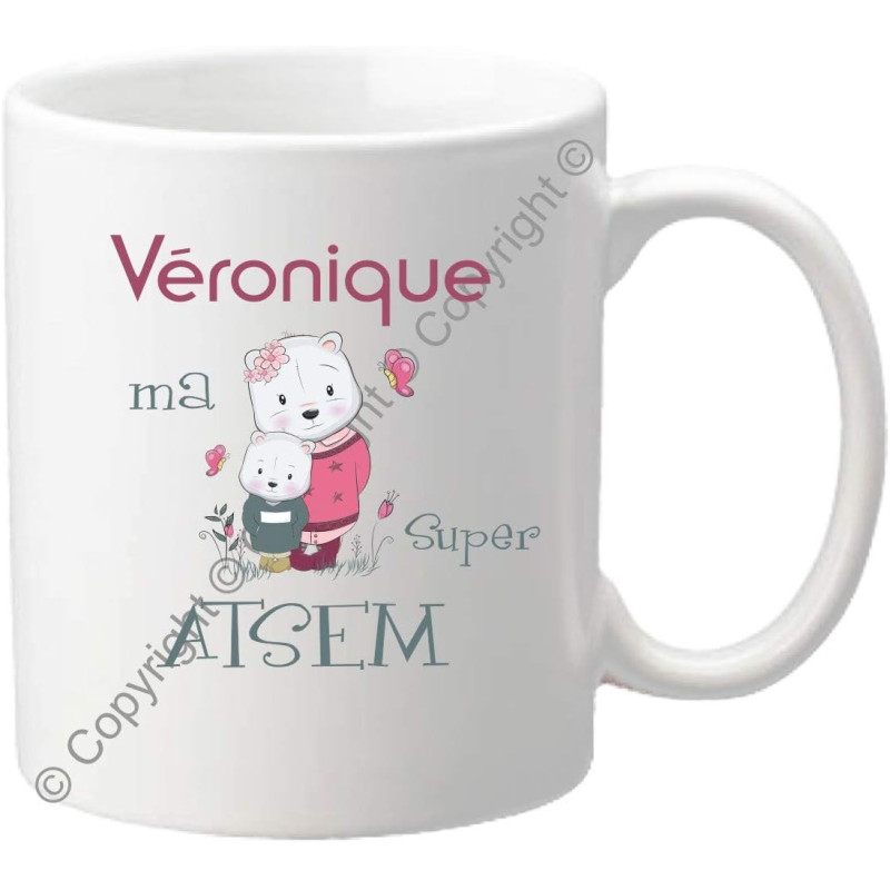 Gravure Events Mug Tasse - Ma Super ATSEM - Cadeau Atsem Personnalisable avec le prénom de l'enfant - Cadeau Original Fin