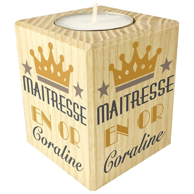 Bougie personnalisée Cadeau Maîtresse d'école personnalisé – Porte Bougie en Bois Personnalisable avec Le prénom – pour