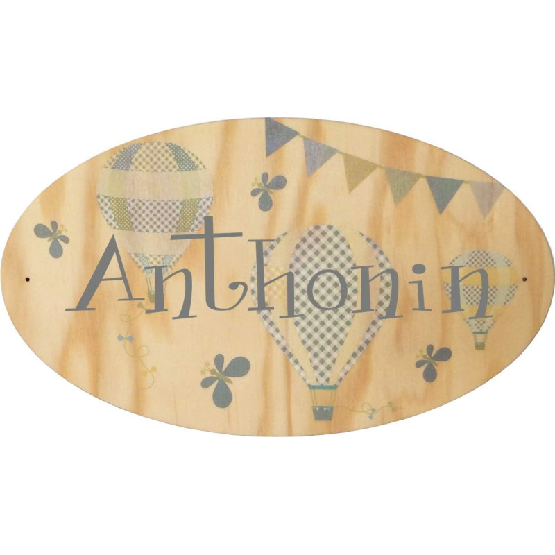 Plaque de Porte en bois personnalisée pour une Chambre d'enfant Modèle Montgolfières - Le prénom de la plaque en bois est