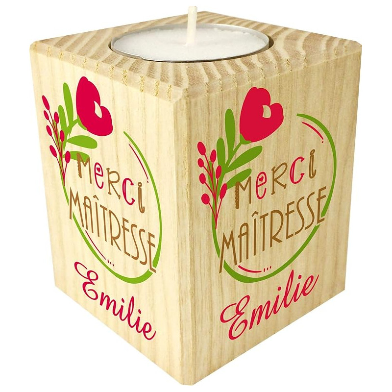 Bougie personnalisée Cadeau Maîtresse d'école personnalisé – Porte Bougie en Bois Personnalisable avec Le prénom – pour