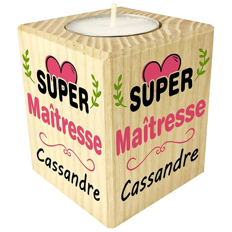 Bougie personnalisée Cadeau Maîtresse d'école personnalisé – Porte Bougie en Bois Personnalisable avec Le prénom – pour