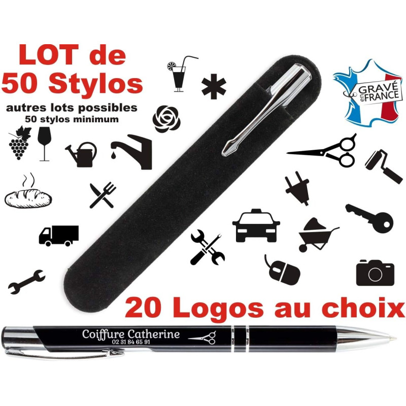 Lot de 50 Stylos personnalisé Logo pour Professionnels – Stylos société à bille - Stylo publicitaire gravé au nom de