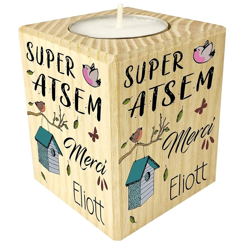 Bougie personnalisée Super Atsem Merci - Cadeau Atsem Personnalisable avec Le prénom de l'enfant - Cadeau Original Fin d'Année