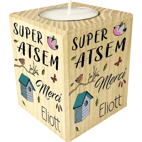 Bougie personnalisée Super Atsem Merci - Cadeau Atsem Personnalisable avec Le prénom de l'enfant - Cadeau Original Fin d'Année