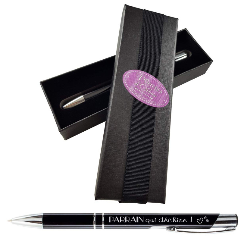 Gravure Events - Stylo Cadeau Parrain en Métal Noir avec Boîte Cadeau pour Baptême, Anniversaire, Noël