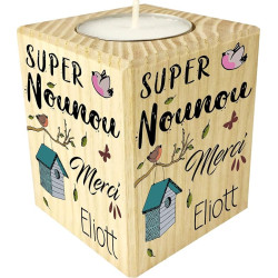 Bougie personnalisée Super Nounou Merci – Porte Bougie en Bois personnalisé avec Le prénom – Cadeau de Fin d'année pour