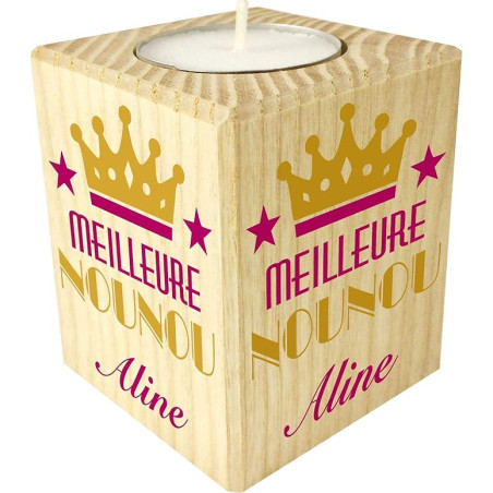 Bougie personnalisée Meilleure Nounou – Porte Bougie en Bois personnalisé avec Le prénom – Cadeau de Fin d'année pour remercier