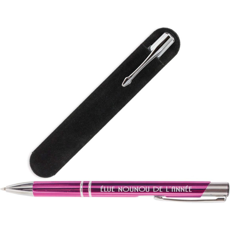 Stylo Violet Nounou gravure Elue Nounou de l'année avec sa Pochette velours - Cadeau original pour Nounou, pour la fête des