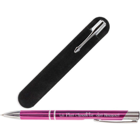 Stylo Violet Nounou gravure La plus chouette des nounous avec sa Pochette velours - Cadeau original pour Nounou, pour la fête