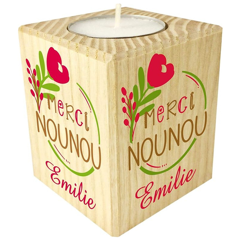 Bougie personnalisée Merci Nounou – Porte Bougie en Bois personnalisé avec Le prénom – Cadeau de Fin d'année pour remercier la