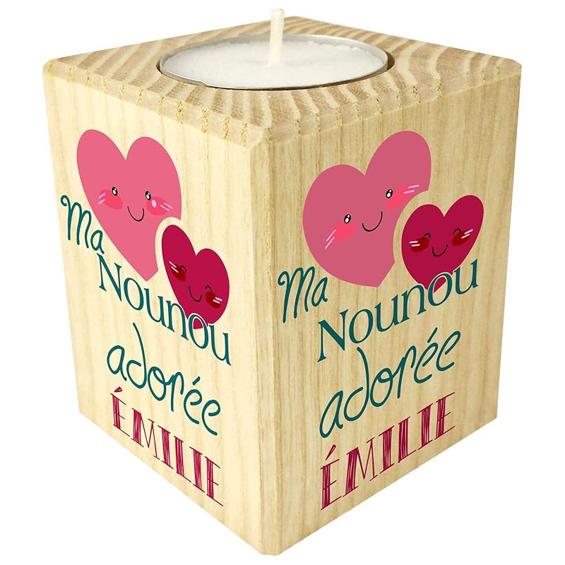 Bougie personnalisée Ma Nounou Adorée – Porte Bougie en Bois personnalisé avec Le prénom – Cadeau de Fin d'année pour remercier