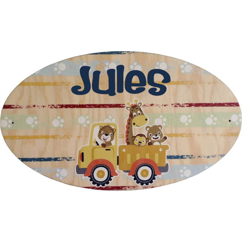 Plaque de Porte en bois personnalisée pour une Chambre d'enfant Animaux Zoo Jungle - Le prénom de la plaque en bois est