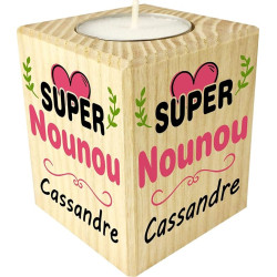 Bougie personnalisée Super Nounou – Porte Bougie en Bois personnalisé avec Le prénom – Cadeau de Fin d'année pour remercier la