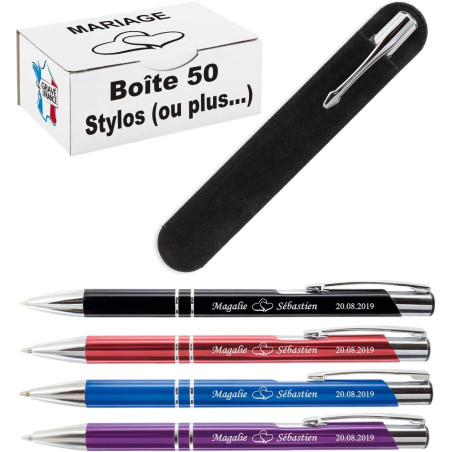 Lot de Stylos Personnalisés pour un Mariage: Gravés avec Prénoms des Mariés et Date. Cadeau Invités pas Cher, Gravure Coeurs