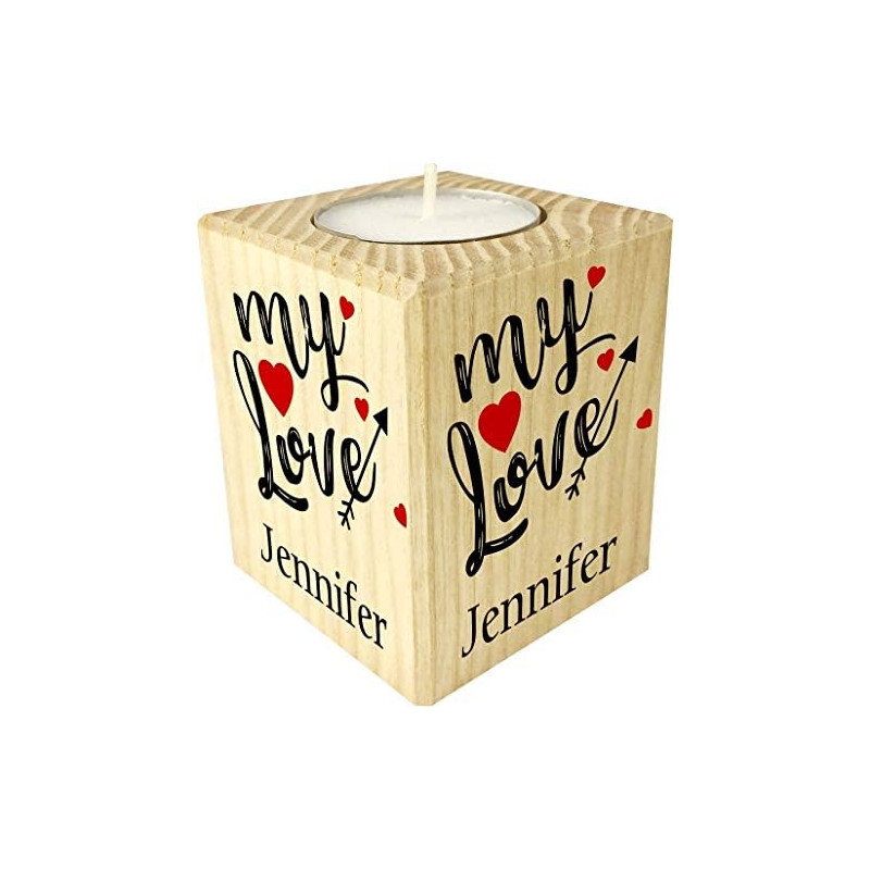 Bougie personnalisée My Love – Porte Bougie en Bois personnalisé avec Le prénom – Cadeau pour la Saint Valentin - Homme ou