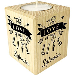 Bougie personnalisée The Love of My Life – Porte Bougie en Bois personnalisé avec Le prénom – Cadeau pour la Saint Valentin