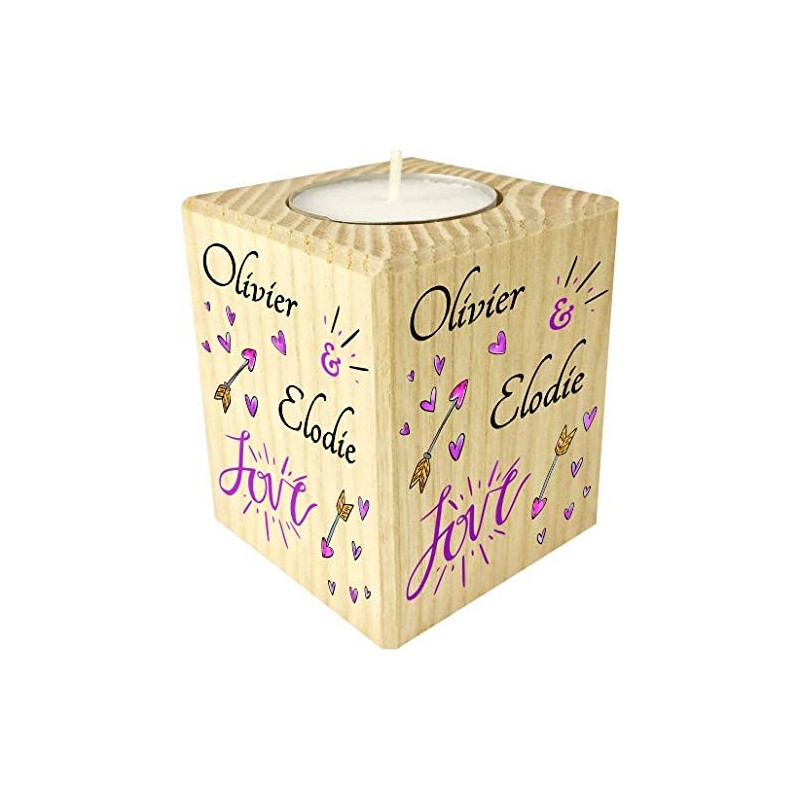 Bougie personnalisée Love – Porte Bougie en Bois personnalisé avec Le prénom – Cadeau pour la Saint Valentin - Homme ou Femme