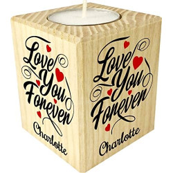 Bougie personnalisée Love You Forever – Porte Bougie en Bois personnalisé avec Le prénom – Cadeau pour la Saint Valentin