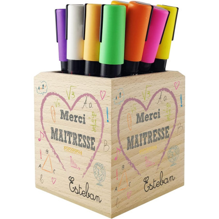 Gravure Events Pot Crayon en Bois Massif Merci Maîtresse - personnalisé avec Prénom - cadeau pour maîtresse d'école primaire et