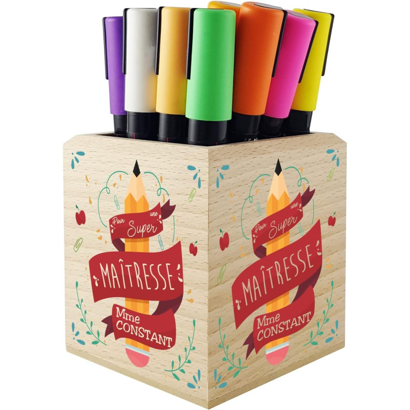 Gravure Events Pot Crayon en Bois Massif Pour une Super Maîtresse - personnalisé avec Prénom - cadeau pour maîtresse d'école
