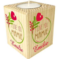 Bougie personnalisée I Love You Mamie – Porte Bougie en Bois personnalisé avec Le prénom de Mamie – Cadeau Noël, Anniversaire