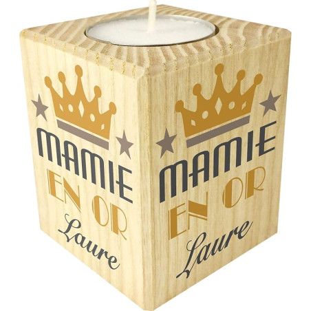 Bougie personnalisée Mamie en Or – Porte Bougie en Bois personnalisé avec Le prénom de Mamie – Cadeau Noël, Anniversaire, fête
