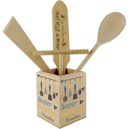 Pot à Couverts Maîtresse d'école - Pot en Bois pour la cuisine - 100% fabriqué en France - Cadeau Personnalisable pour