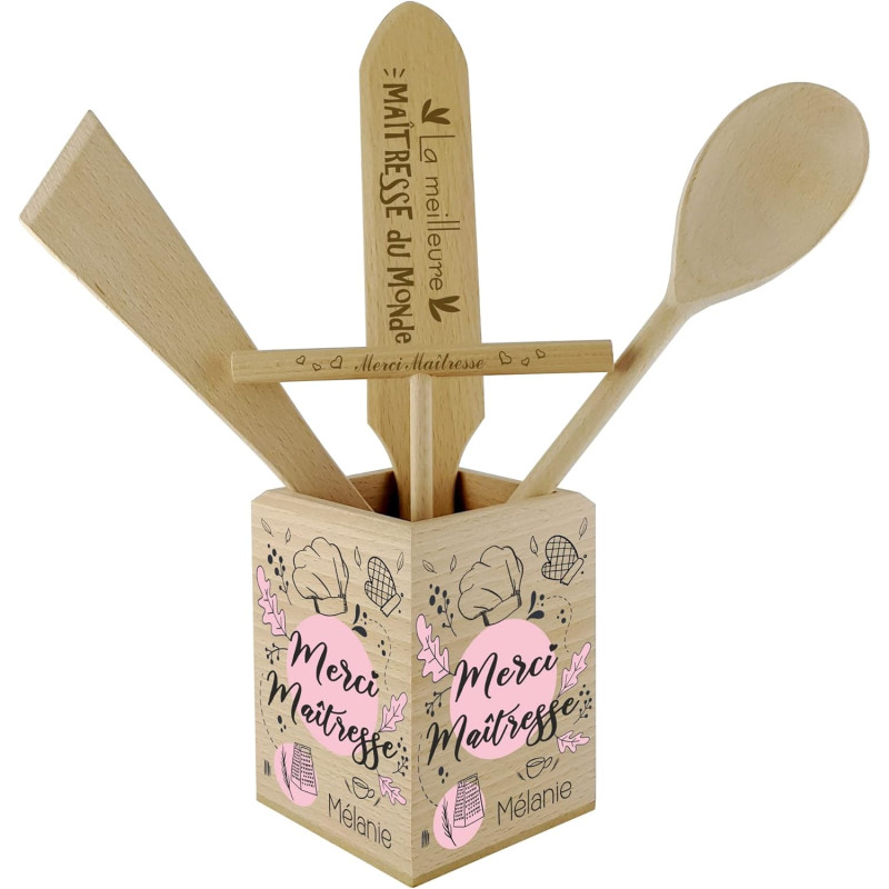 Pot à Couverts Maîtresse d'école - Pot en Bois pour la cuisine - 100% fabriqué en France - Cadeau Personnalisable pour