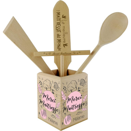Pot à Couverts Maîtresse d'école - Pot en Bois pour la cuisine - 100% fabriqué en France - Cadeau Personnalisable pour