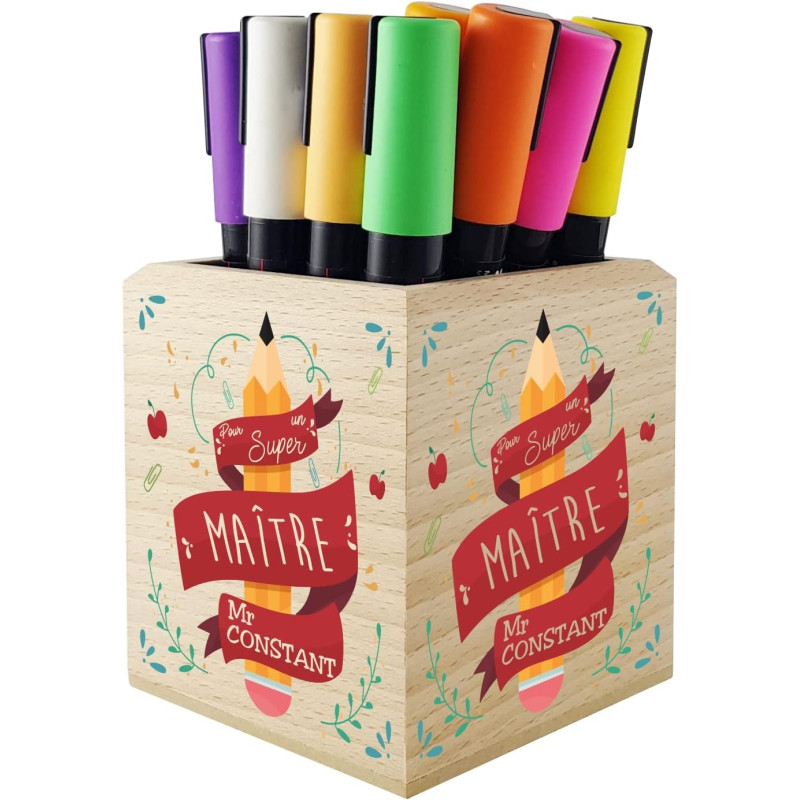 Gravure Events Pot Crayon en Bois Massif Super Maître - personnalisé avec Prénom - cadeau pour maître d'école primaire et
