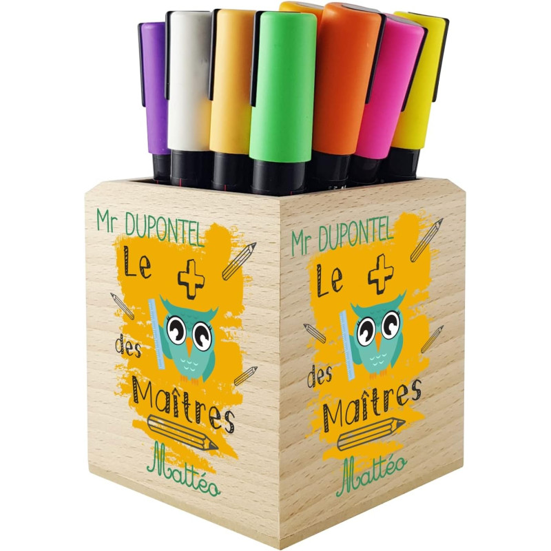 Gravure Events Pot Crayon en Bois Massif Le plus chouette des Maîtres, personnalisé avec Prénom, cadeau pour instituteur