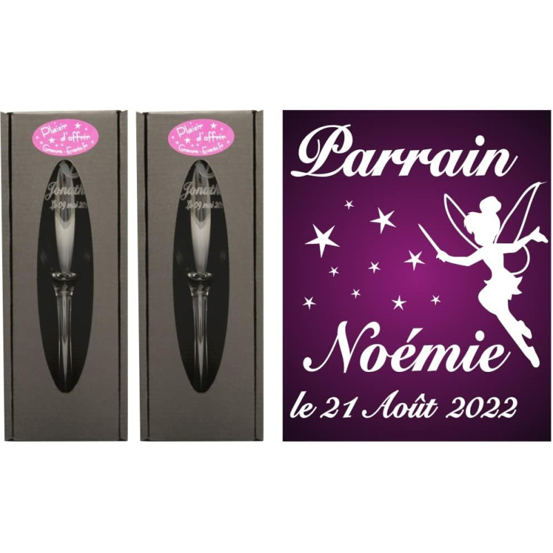 Lot : 1 Flûte Parrain + 1 Marraine (ou 2 Parrain ou 2 Marraines au Choix) - Flûtes à Champagne Gravées Modèle Fée avec 2 Boîtes