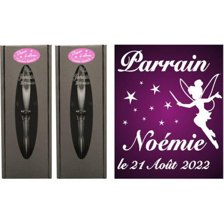 Lot : 1 Flûte Parrain + 1 Marraine (ou 2 Parrain ou 2 Marraines au Choix) - Flûtes à Champagne Gravées Modèle Fée avec 2 Boîtes