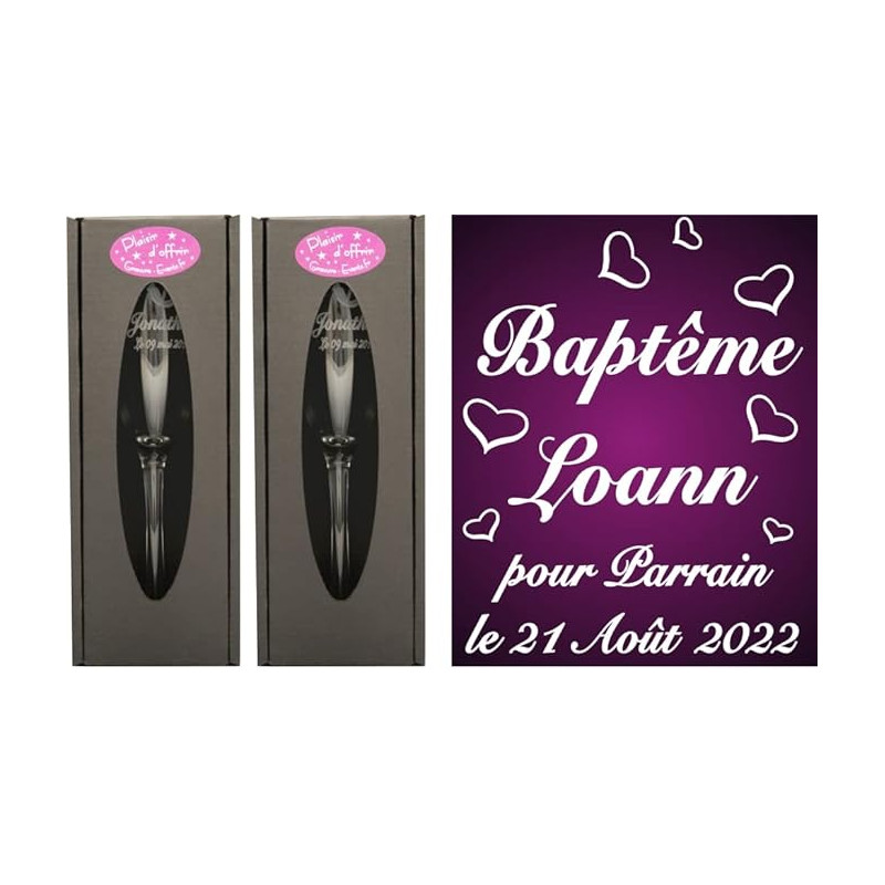 Lot : 1 Verre PARRAIN + 1 MARRAINE (ou 2 Parrains ou 2 Marraines au choix) - Flûtes à Champagne Gravées Modèle Cœurs + 2 Boîtes