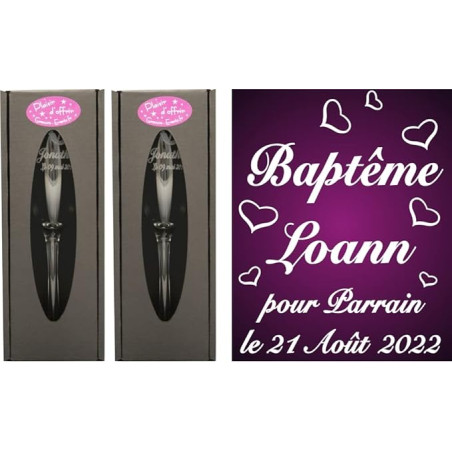 Lot : 1 Verre PARRAIN + 1 MARRAINE (ou 2 Parrains ou 2 Marraines au choix) - Flûtes à Champagne Gravées Modèle Cœurs + 2 Boîtes
