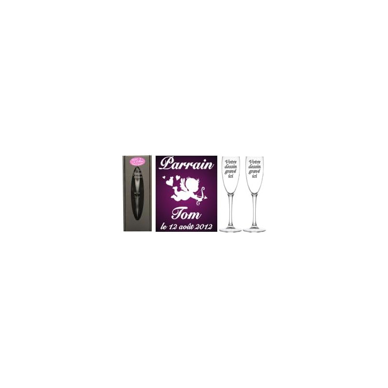 Lot : 1 Verre PARRAIN + 1 MARRAINE (ou 2 Parrains ou 2 Marraines au choix) - Flûtes à Champagne Gravées Modèle Ange + 2 Boîtes