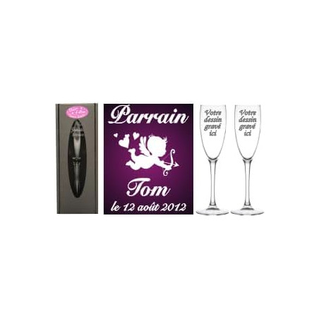 Lot : 1 Verre PARRAIN + 1 MARRAINE (ou 2 Parrains ou 2 Marraines au choix) - Flûtes à Champagne Gravées Modèle Ange + 2 Boîtes