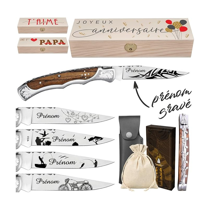 Gravure Events - Couteau de Marque Laguiole Bougna personnalisé avec prénom gravé - Cadeau pour homme : fête des pères, papa