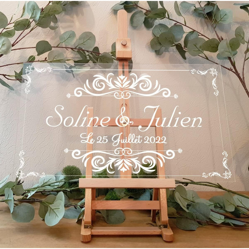 Panneau de Bienvenue Gravé pour un Mariage - Plaque acrylique transparente personnalisée en gravure blanche - Avec sou sans