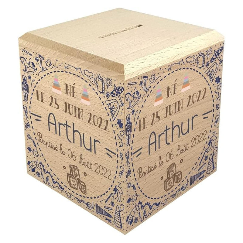 Tirelire Enfant en Bois - Tirelire personnalisée avec prénom - 100% fabriquée en France - Cadeau Noël bébé, Baptême, Cadeau de