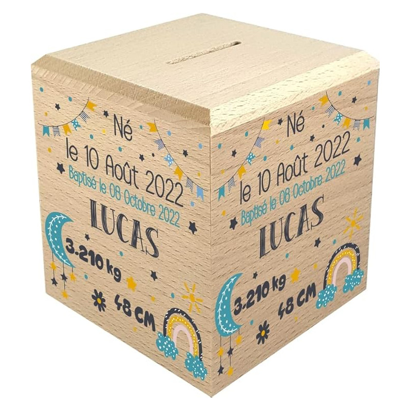 Tirelire Enfant en Bois - Tirelire personnalisée avec prénom - 100% fabriquée en France - Cadeau Noël bébé, Baptême, Cadeau de