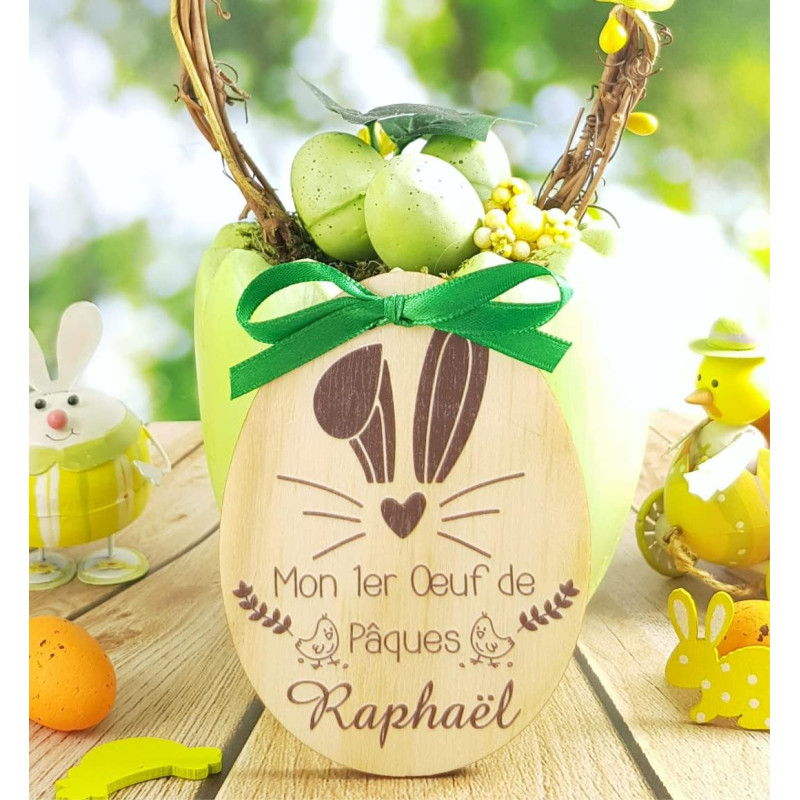 Mon Oeuf de Pâques en Bois personnalisé avec Le prénom de l'enfant - 1er œuf, joyeuses Pâques - 100% fabriqué en France