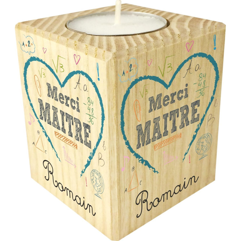 Bougie personnalisée Merci Maître – Porte Bougie en Bois – Cadeau de Fin d'année Scolaire pour remercier l'enseignant – Cadeau