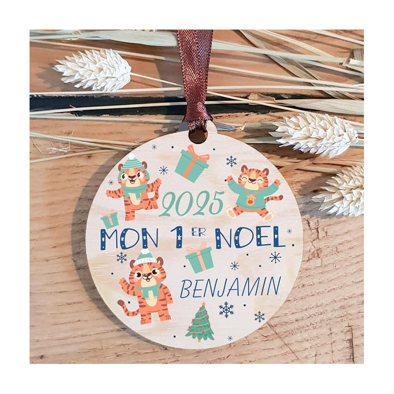 Décoration de Sapin Mon Premier Noël en Bois personnalisée avec Le prénom de l'enfant (Une Alternative à la Boule 1er noël en