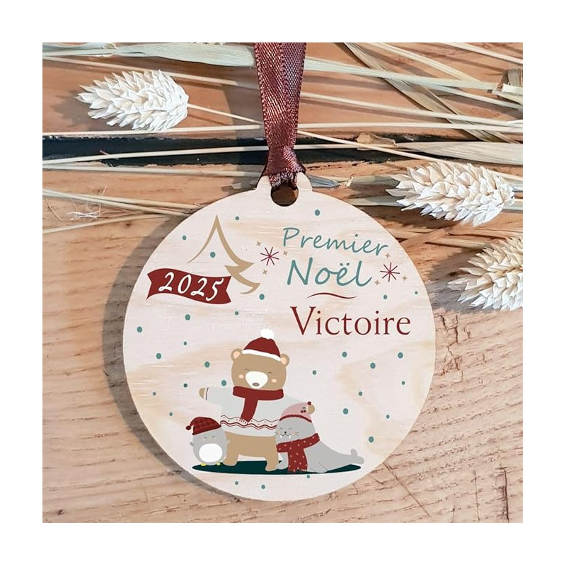 Décoration de Sapin Mon Premier Noël en Bois personnalisée avec Le prénom de l'enfant (Une Alternative à la Boule 1er noël en